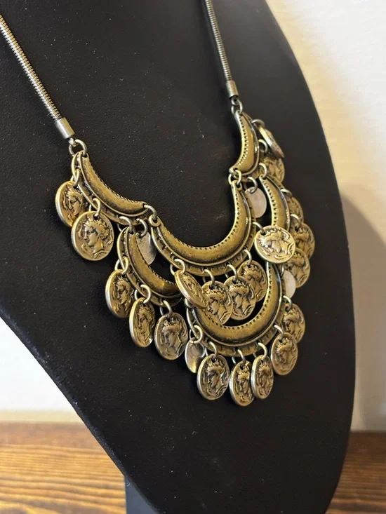 Jenny Bird Vintage-Style Coin Bib Statement Necklace – Antique Brass & Silver - Picture 6 of 14